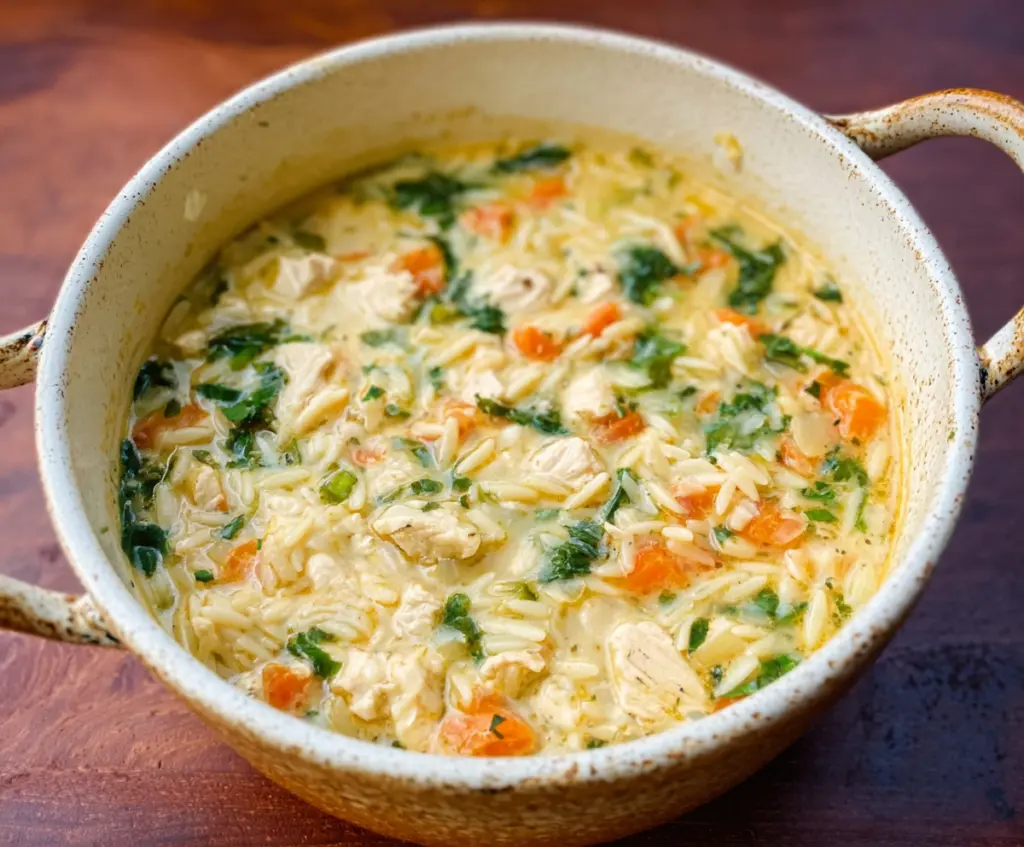 Creamy Chicken Orzo Winter Soup served in a bowl with fresh herbs on top.