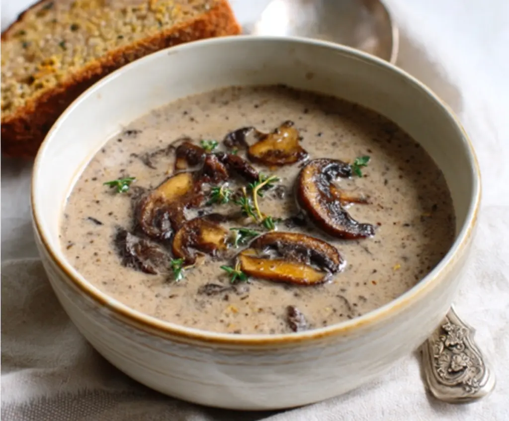 A bowl of creamy mushroom thyme soup garnished with fresh herbs, ready to serve as a comforting starter.