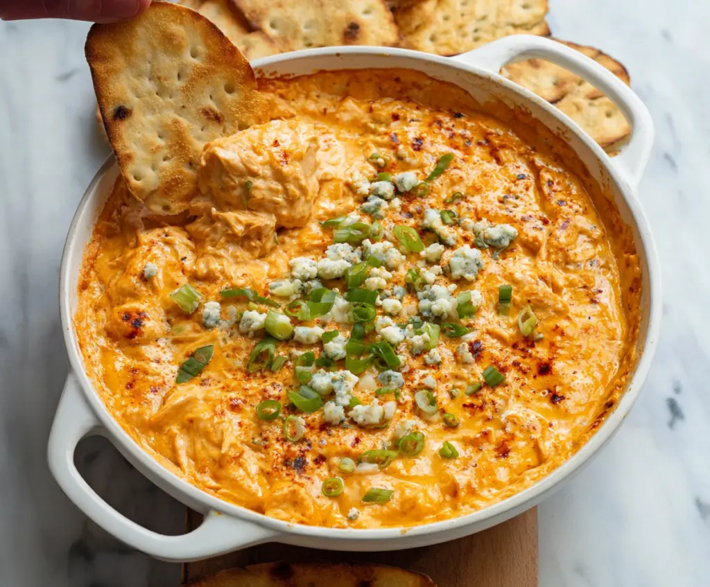 Creamy spicy buffalo chicken dip served in a bowl with fresh herbs and chips on the side.