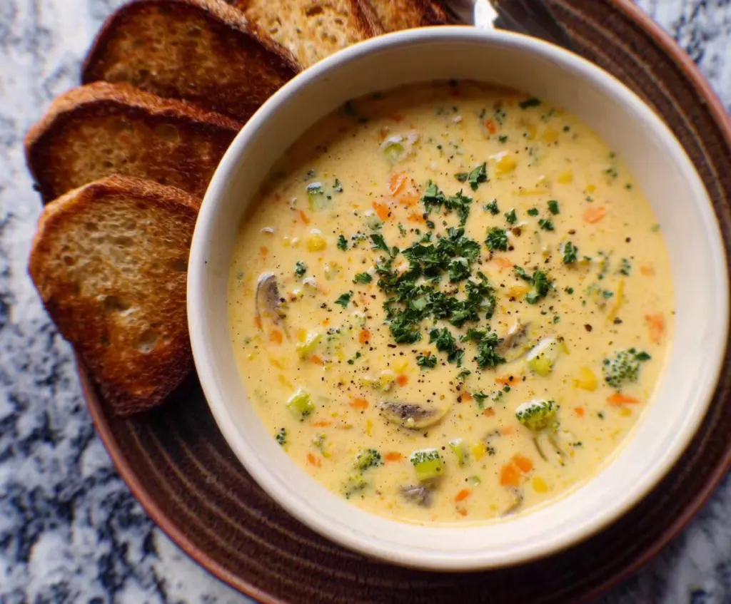 Delicious creamy vegetable soup served in a bowl with fresh herbs