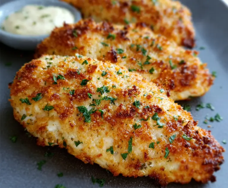 Golden brown crispy air fryer Parmesan crusted chicken served on a white plate, garnished with fresh herbs.