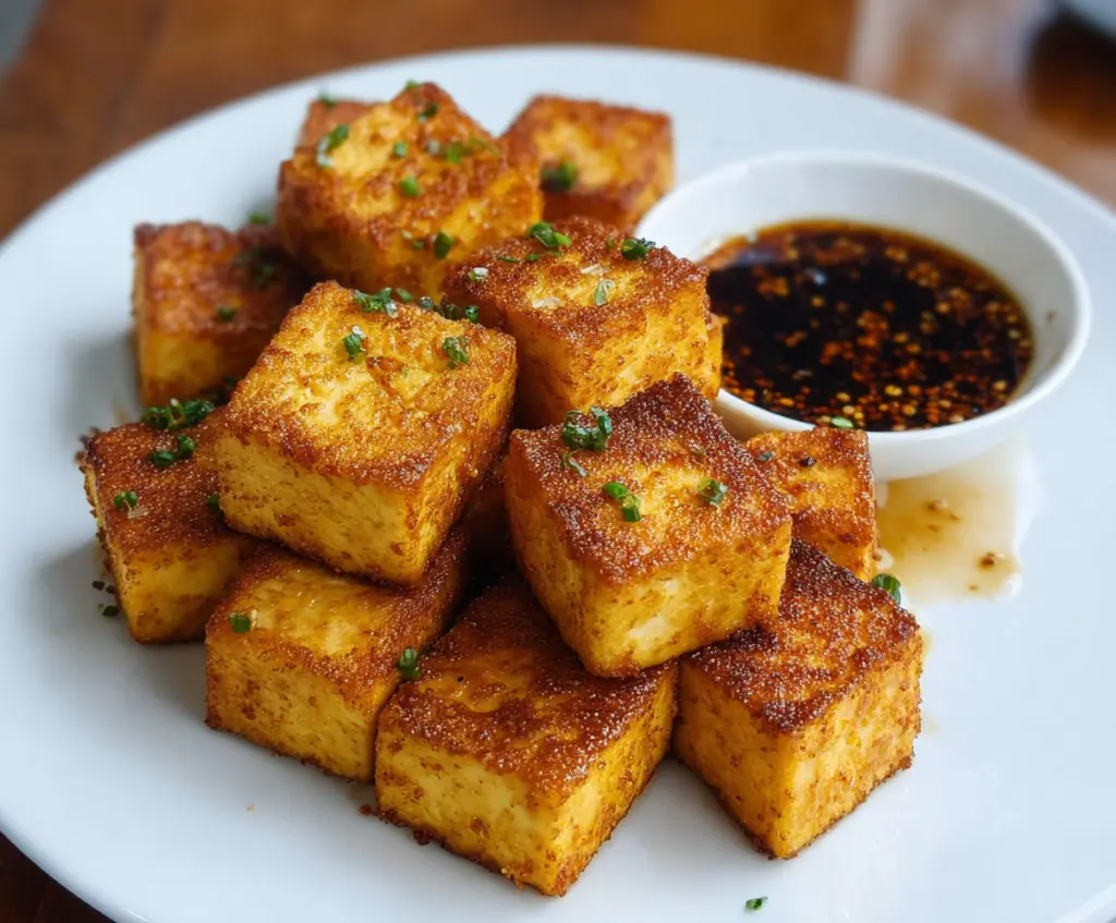 Golden and crispy baked tofu cubes on a plate, garnished with fresh herbs for a healthy vegetarian meal.