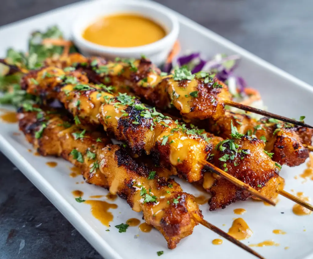 Crispy Bang Bang Chicken Skewers served with a spicy dipping sauce on a white plate.