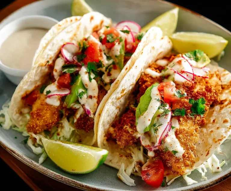 Delicious crispy chicken tacos topped with fresh vegetables and cheese, perfect for a flavorful meal.