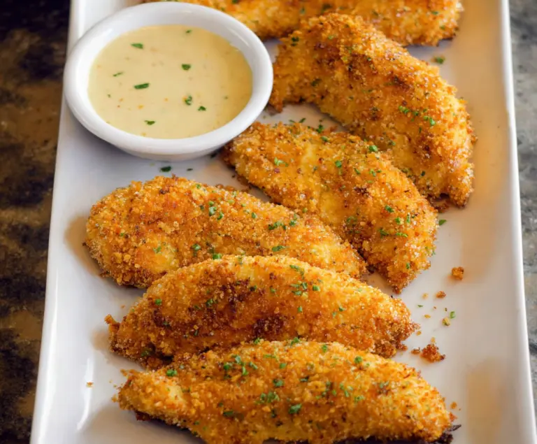 Crispy oven baked chicken tenders on a plate with dipping sauce, perfect for a healthy snack