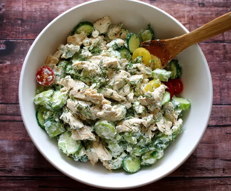 Refreshing cucumber and dill Greek yogurt rotisserie chicken salad in a bowl, perfect for a healthy meal.
