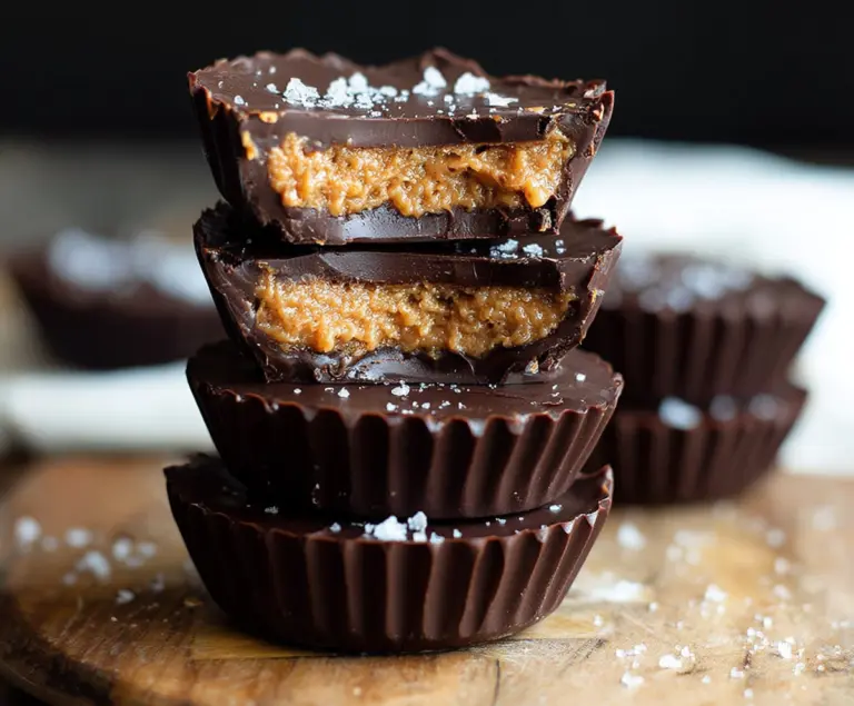 Delicious homemade dark chocolate almond butter cups with a glossy chocolate coating and crunchy almond filling.