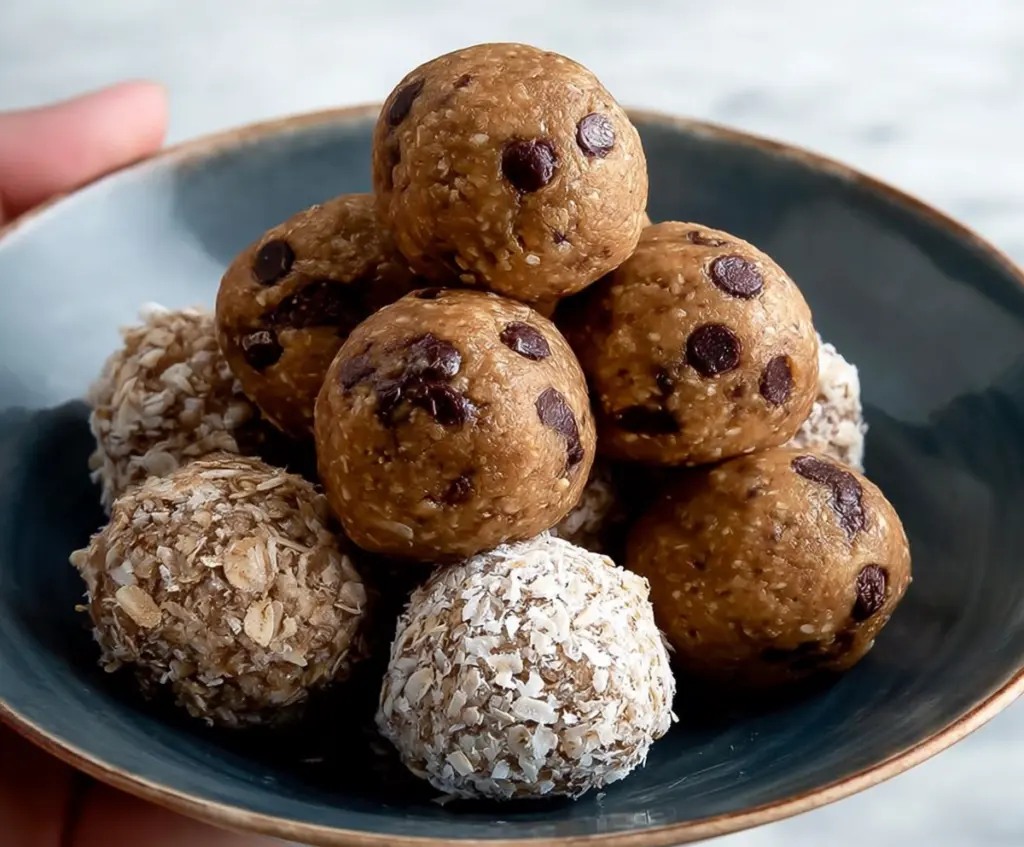 Healthy Kodiak Cakes protein balls with nuts and chocolate chips on a white plate