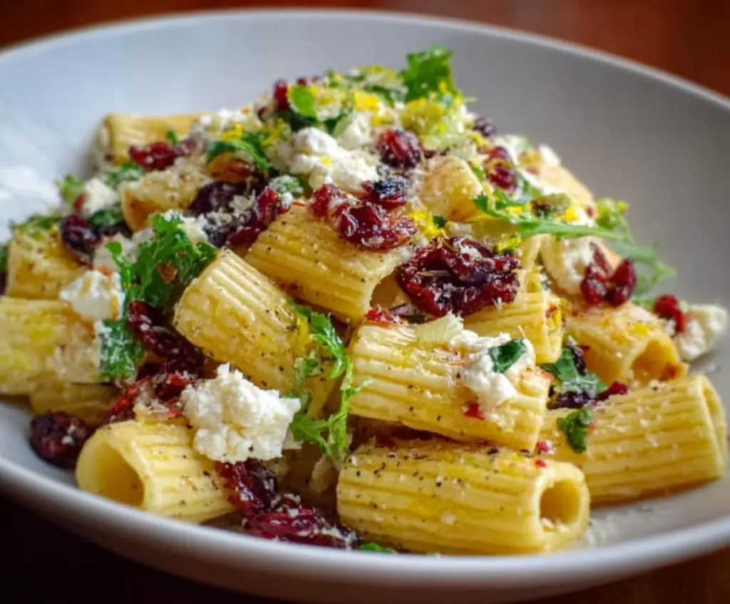 Colorful Feta and Cranberry Rigatoni Salad drizzled with Lemon Vinaigrette, perfect for a refreshing meal.
