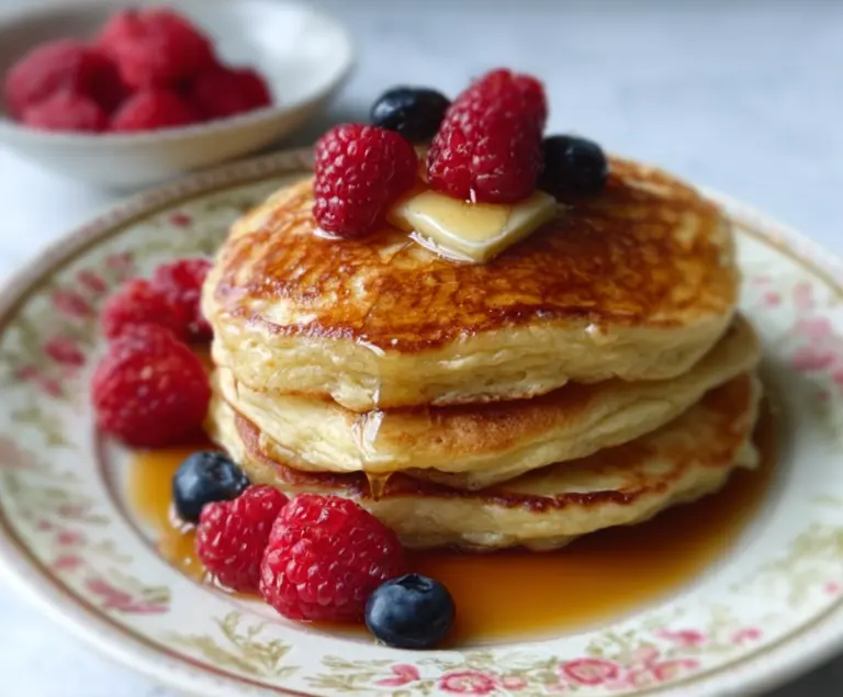 Delicious fluffy sourdough discard pancakes served with fresh berries and syrup.