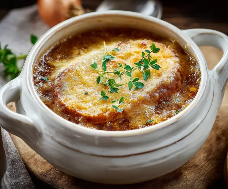 Hearty homemade French Onion Soup topped with melted cheese and fresh herbs in a rustic bowl.