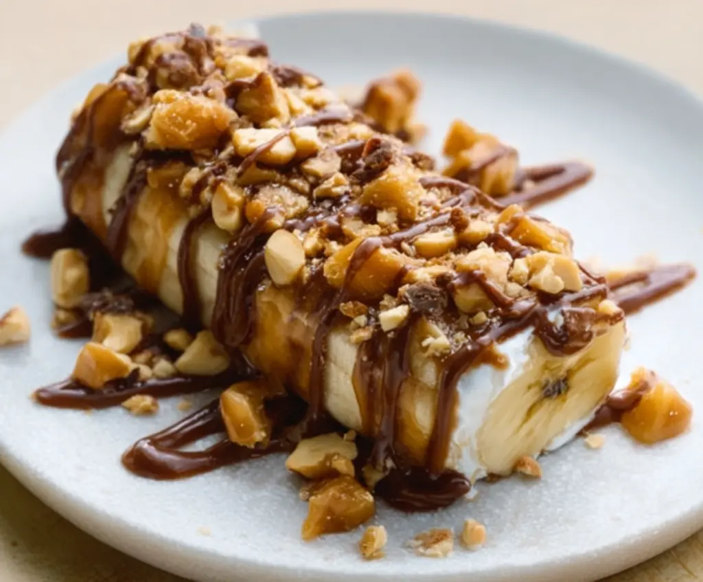 Frozen Banana Snickers dessert featuring layers of banana, caramel, and chocolate with a Snickers bar topping.