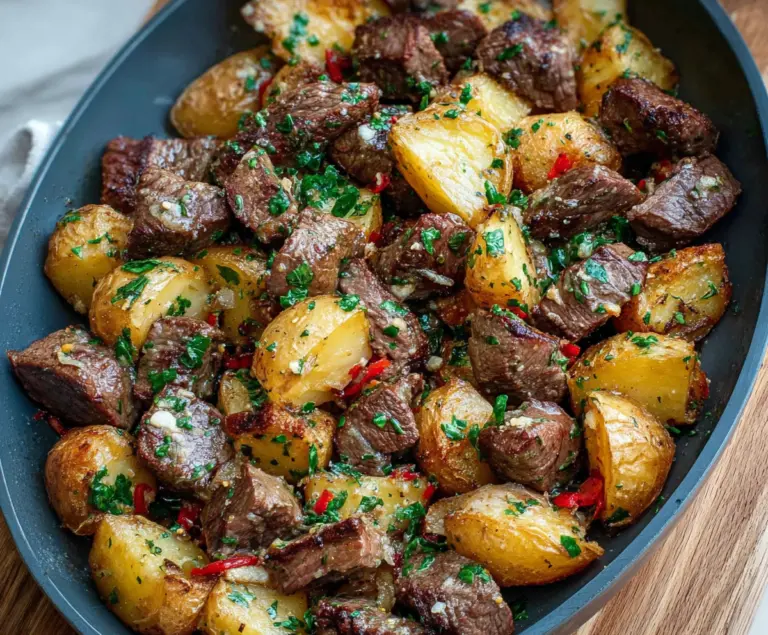 Delicious garlic butter steak bites served with crispy roasted potatoes on a plate.