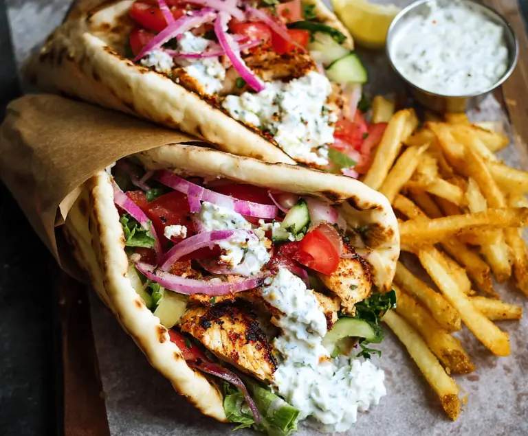 Delicious Greek Chicken Gyros served with fresh vegetables and creamy tzatziki sauce.