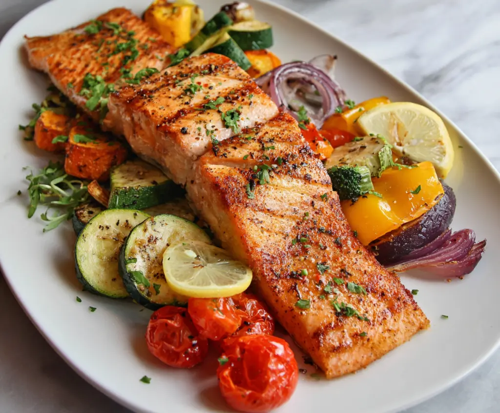 Delicious grilled salmon served with roasted vegetables on a plate, highlighting a healthy seafood dinner.