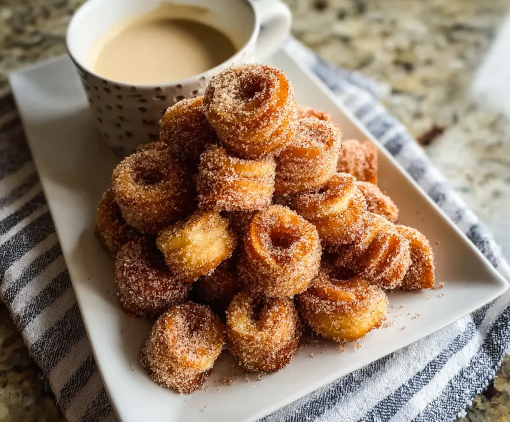 Golden crispy healthy air fryer churro bites dusted with cinnamon sugar on a white plate.