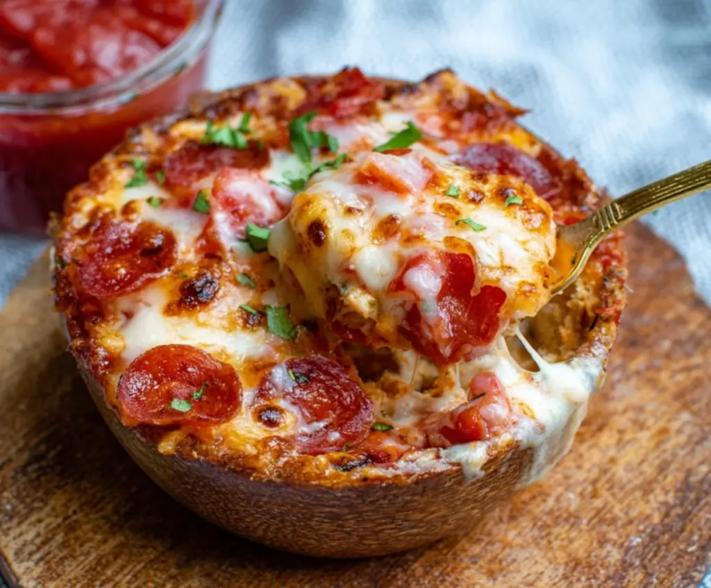Healthy cottage cheese pizza bowl with fresh vegetables and herbs, a nutritious low-carb meal.