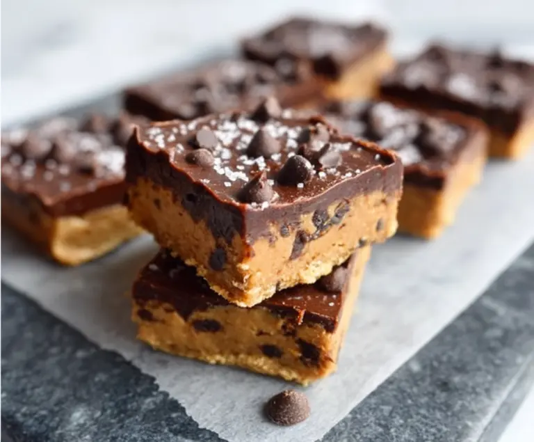 Healthy no bake cookie dough bars on a platter, featuring a creamy and nutritious dessert with chocolate chips and oats.