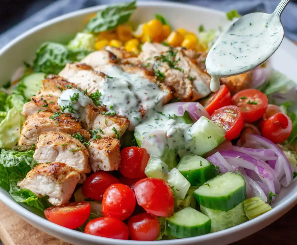 Healthy ranch chicken salad with fresh greens and creamy dressing on a white plate.