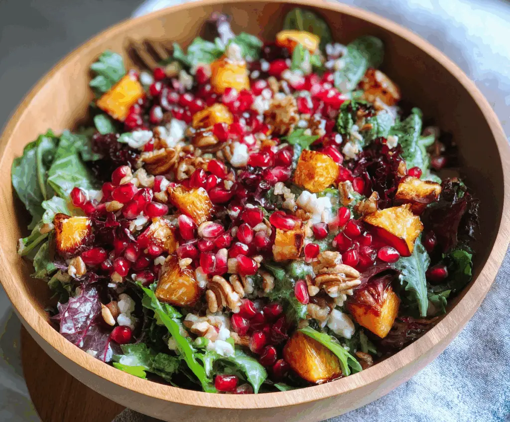 Colorful healthy winter salad featuring fresh greens, pomegranate seeds, and winter vegetables.