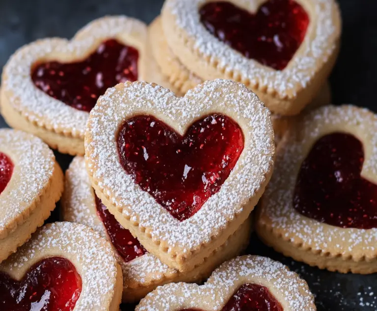 Delicious Heart Jam Cookies with fruity filling and golden-brown crust on a plate.