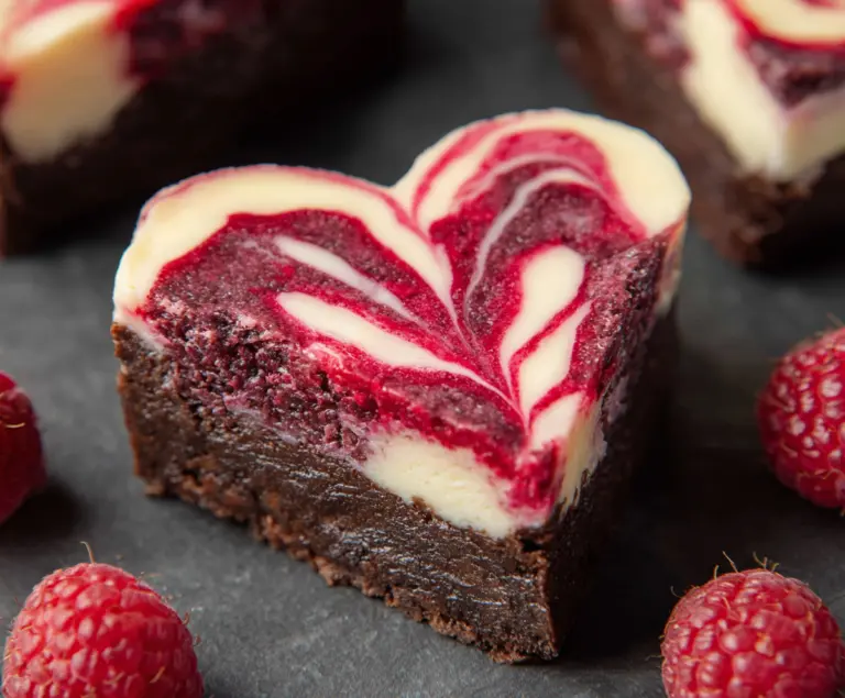 Delicious heart-shaped brownies with raspberry swirl and cheesecake topping, perfect for Valentine's Day desserts.