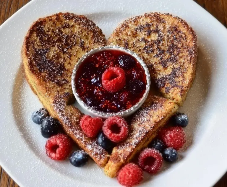 Heart-shaped French toast topped with a vibrant berry compote and fresh berries.