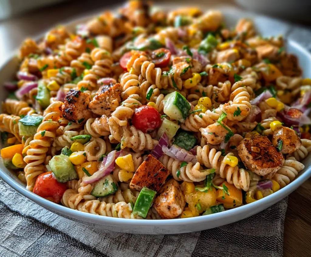 High Protein BBQ Chicken Pasta Salad with fresh greens and flavorful sauce.