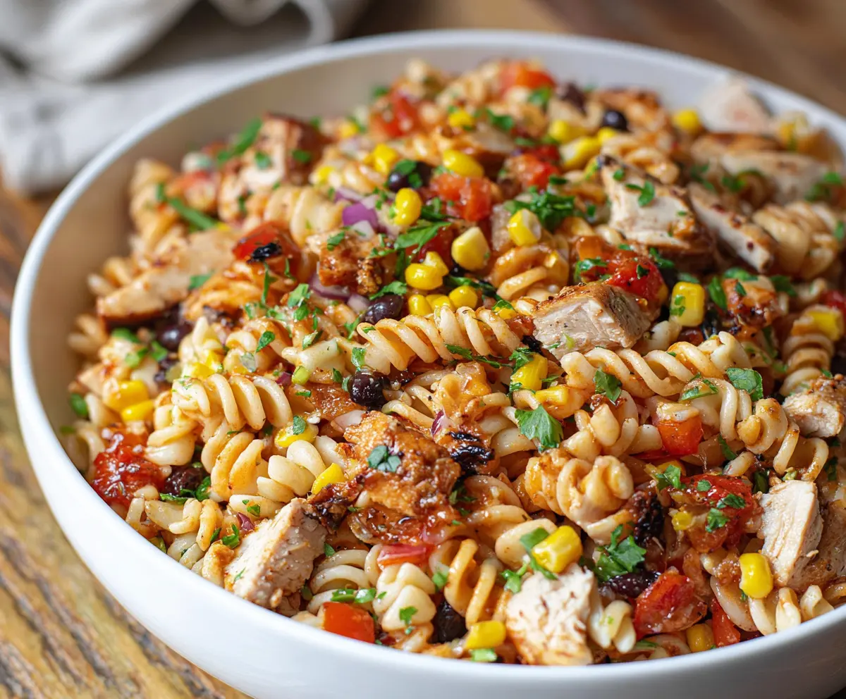 High Protein BBQ Chicken Pasta Salad