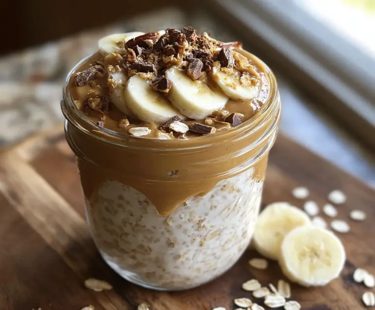 High-protein peanut butter overnight oats in a glass jar topped with fresh berries and chia seeds for a healthy breakfast