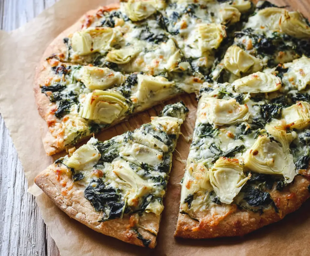Delicious high protein spinach and artichoke pizza topped with melted cheese and fresh greens.