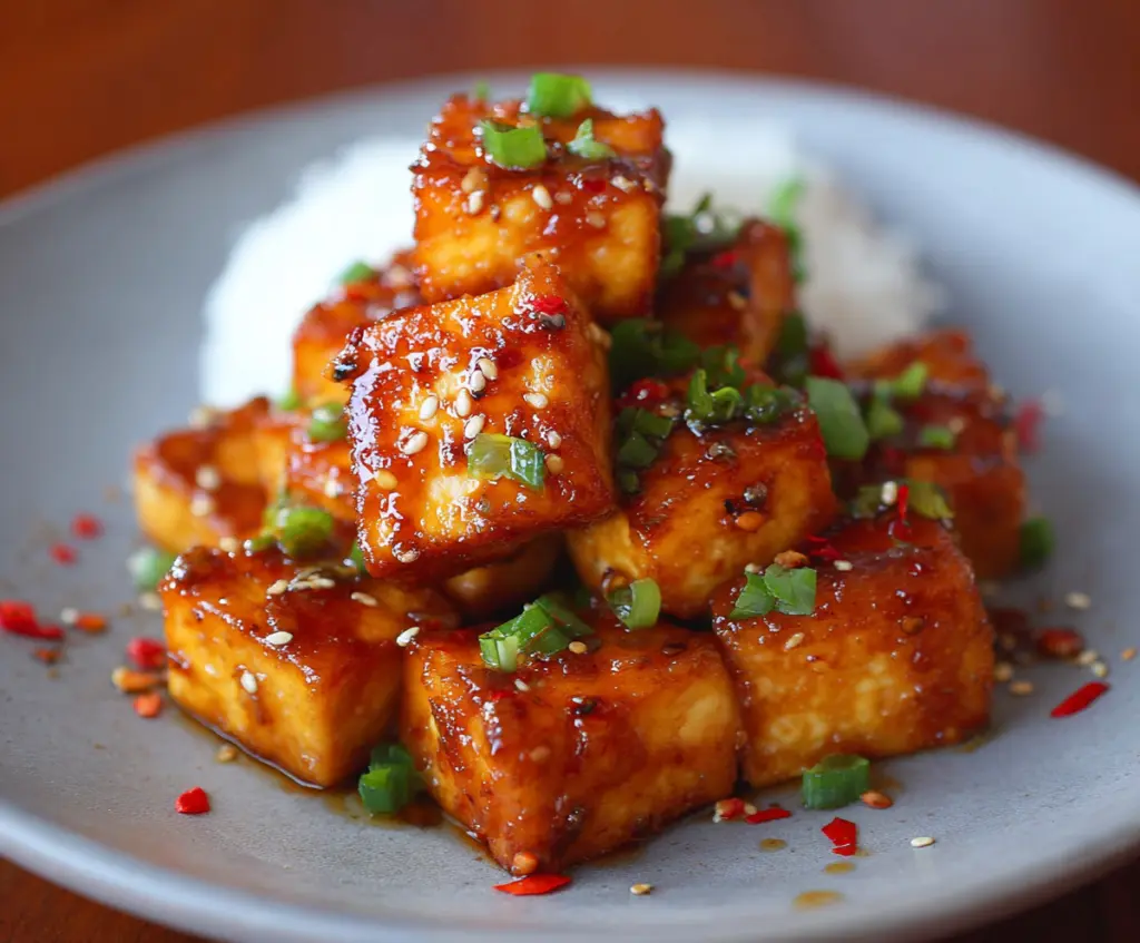 Delicious Honey Garlic Tofu served on a plate with fresh vegetables, perfect for a healthy vegan meal.