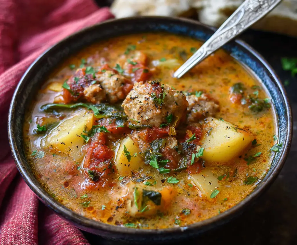 Creamy Italian sausage potato soup in a bowl, garnished with herbs and served hot.