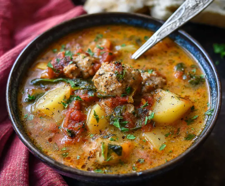 Creamy Italian sausage potato soup in a bowl, garnished with herbs and served hot.