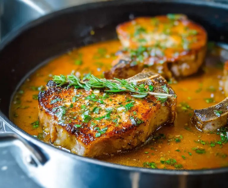 Delicious juicy pan-seared pork chops served on a rustic plate