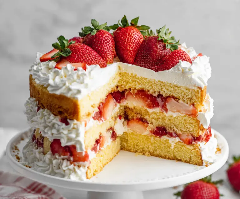 Delicious layered strawberry shortcake cake with fresh strawberries and fluffy cream.