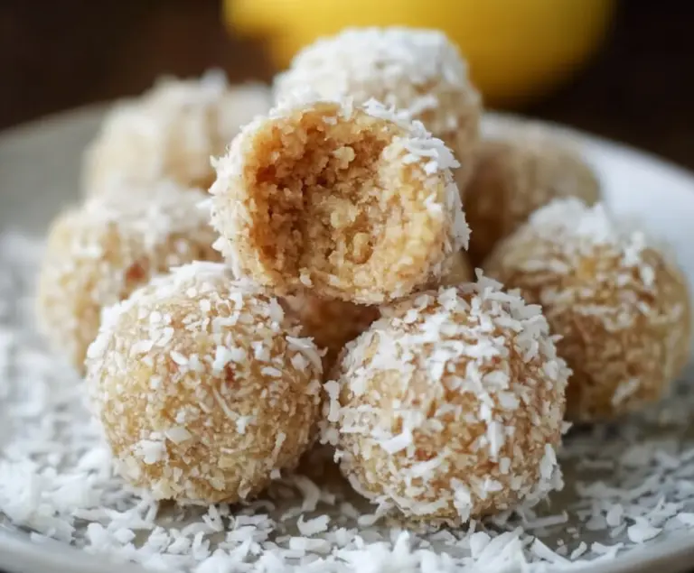 Delicious lemon coconut protein balls on a white plate, showcasing a healthy snack option.