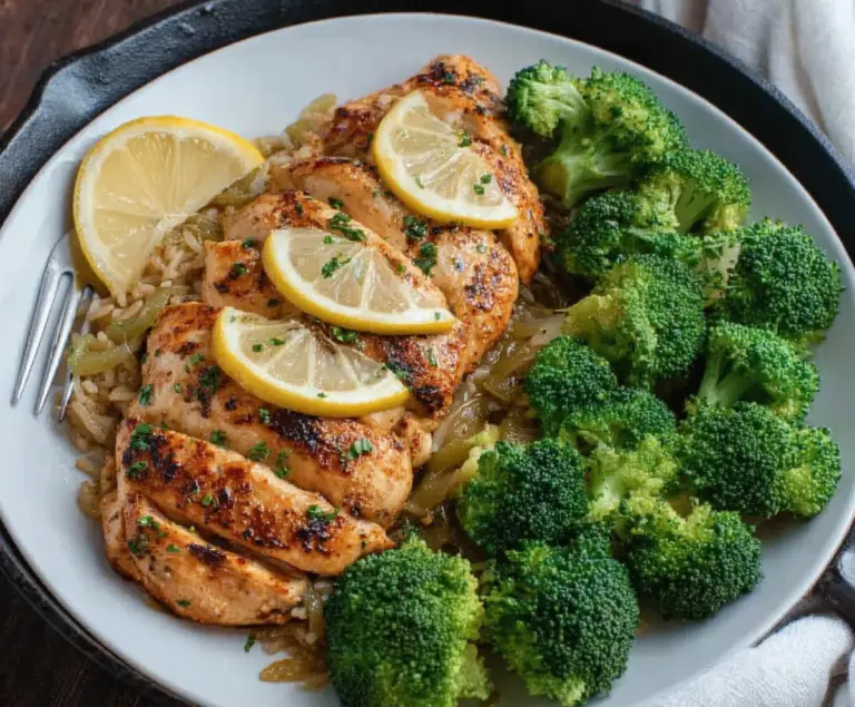 Juicy Lemon Garlic Chicken served with fresh broccoli on a white plate in a bright kitchen.