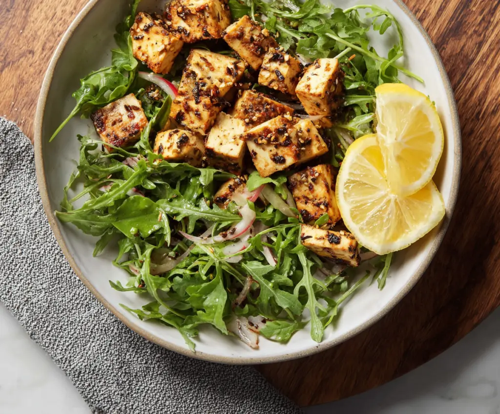 Delicious Lemon-Garlic Tofu served with fresh arugula salad on a white plate.