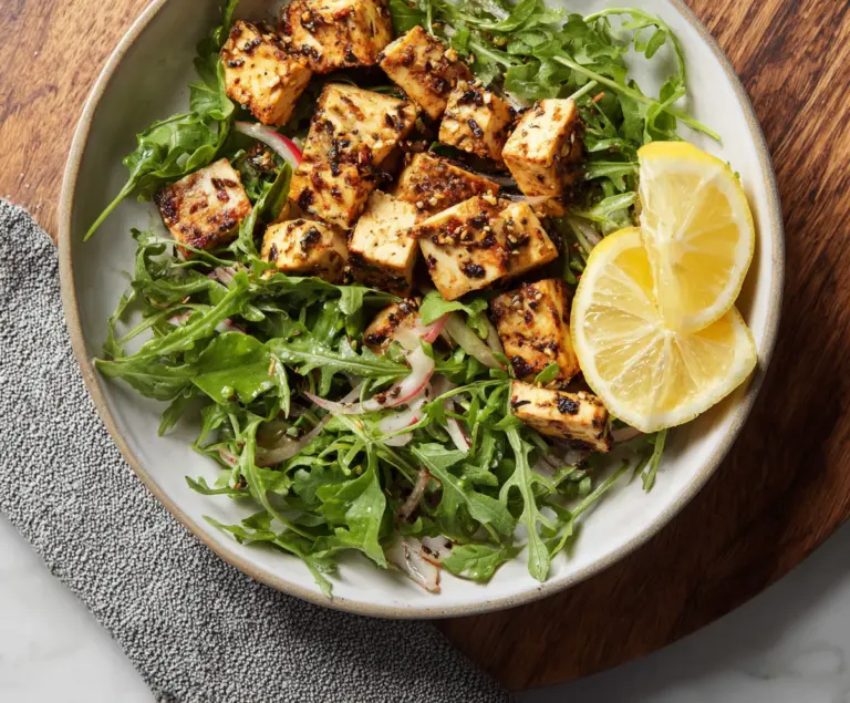 Delicious Lemon-Garlic Tofu served with fresh arugula salad on a white plate.