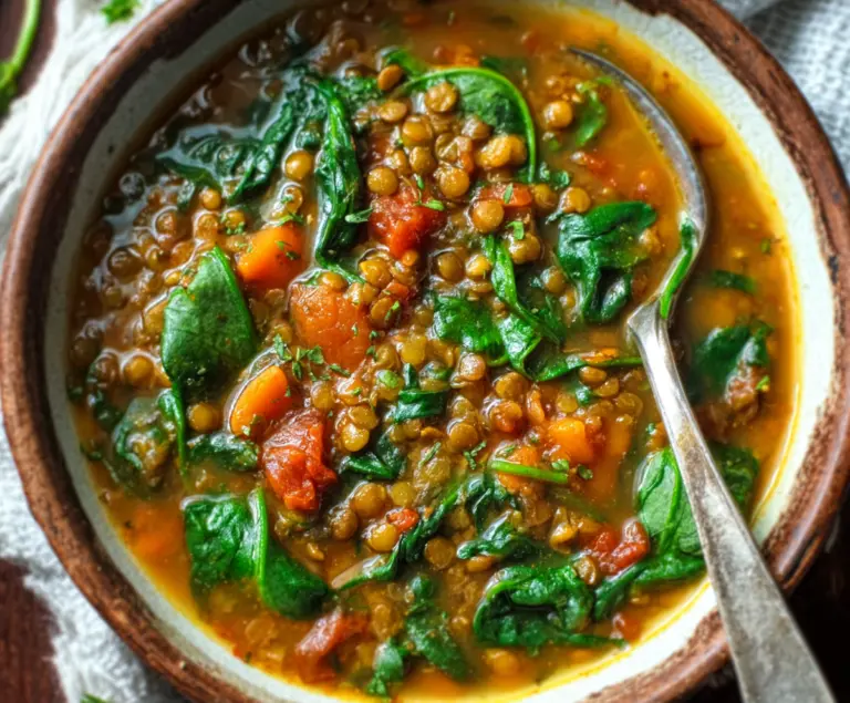 Healthy Lentil and Spinach Soup in a bowl, served with fresh ingredients and garnished with herbs.
