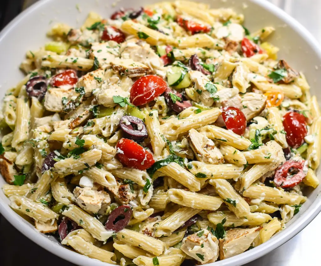 Colorful Mediterranean Chicken Pasta Salad with fresh vegetables and herbs in a bowl