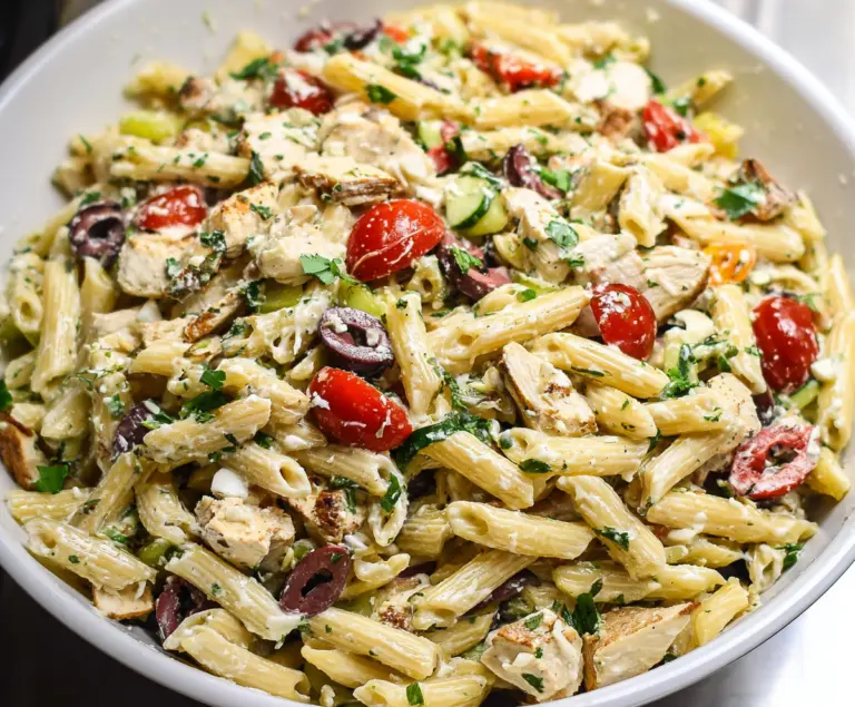 Colorful Mediterranean Chicken Pasta Salad with fresh vegetables and herbs in a bowl