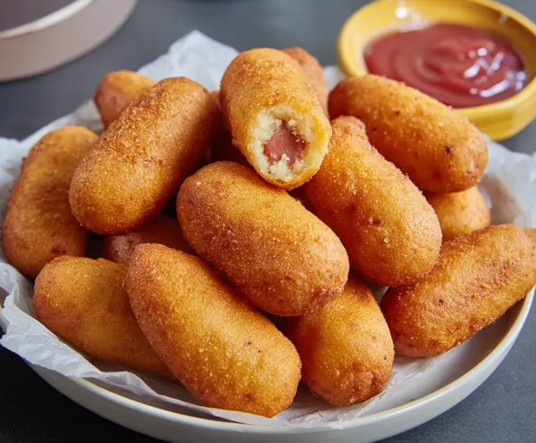 Golden mini corn dogs on a plate with mustard dipping sauce, perfect for snacks or parties.