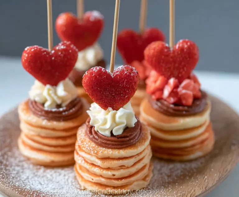 Delicious mini heart-shaped pancake stacks topped with fresh berries and syrup.
