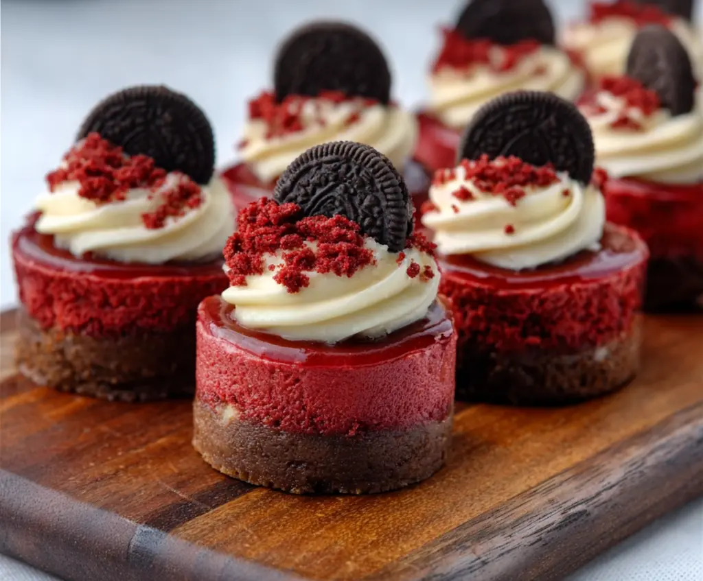 Delicious mini red velvet cheesecakes topped with cream cheese frosting on a white plate.