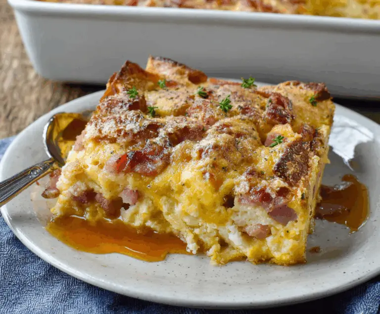 Savory Monte Cristo Breakfast Casserole with layers of eggs, ham, cheese, and bread, perfect for brunch.
