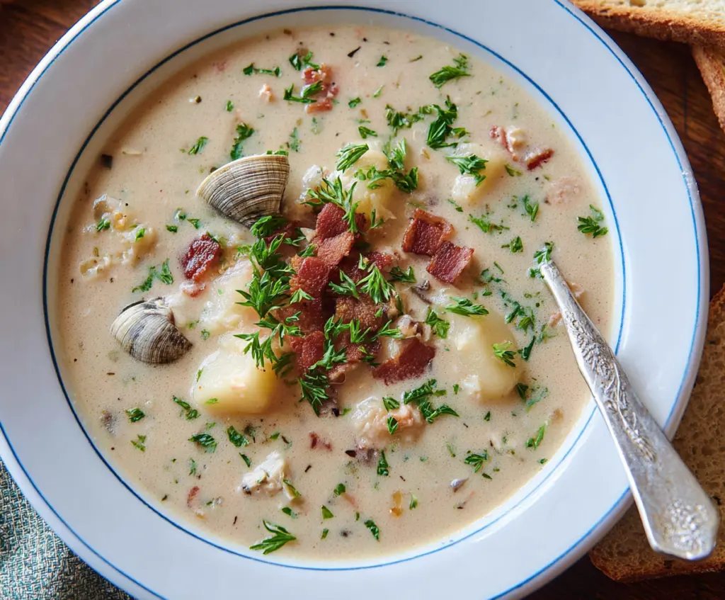 Creamy New England Clam Chowder served in a bowl with fresh herbs and oyster crackers.