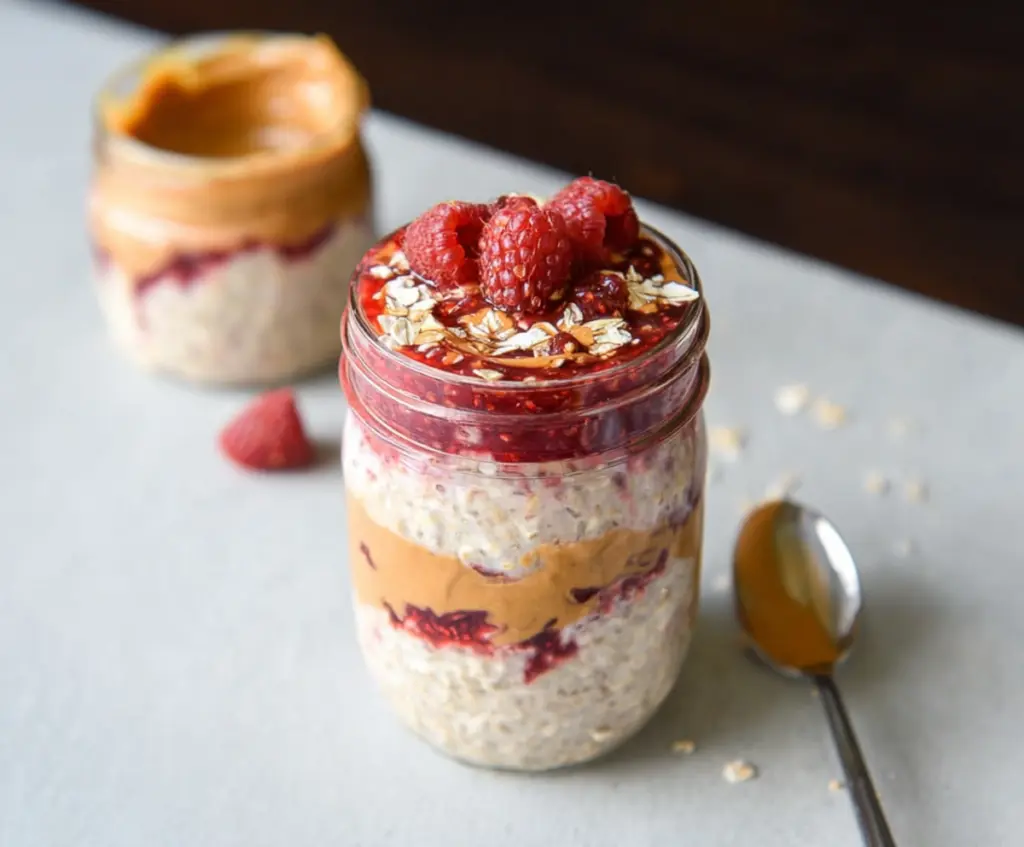 Creamy peanut butter and fruity jelly layered overnight oats in a glass jar for a healthy breakfast