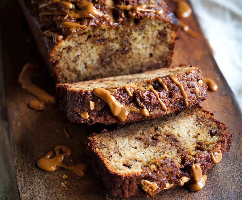 Delicious homemade peanut butter banana bread topped with sliced bananas and a drizzle of honey.